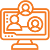 Orange image displaying three person icons connected together. These icons are displayed on a computer monitor.